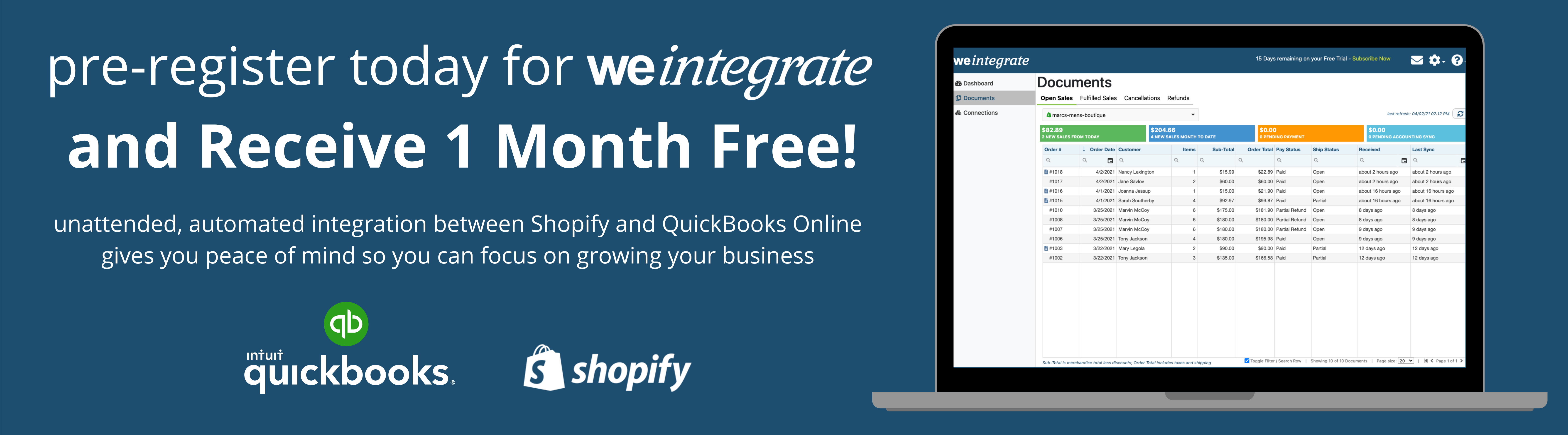 pre-register for We Integrate and sync Shopify with QBO